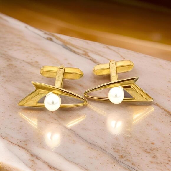 Mikimoto Estate Akoya Pearl Cufflinks Overlay 14k Gold 6 mm M419 - Picture 9 of 11